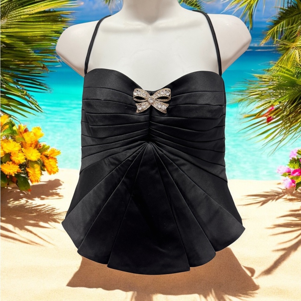 JS Collections Black Satin Crop Top with Bow Accent size 12